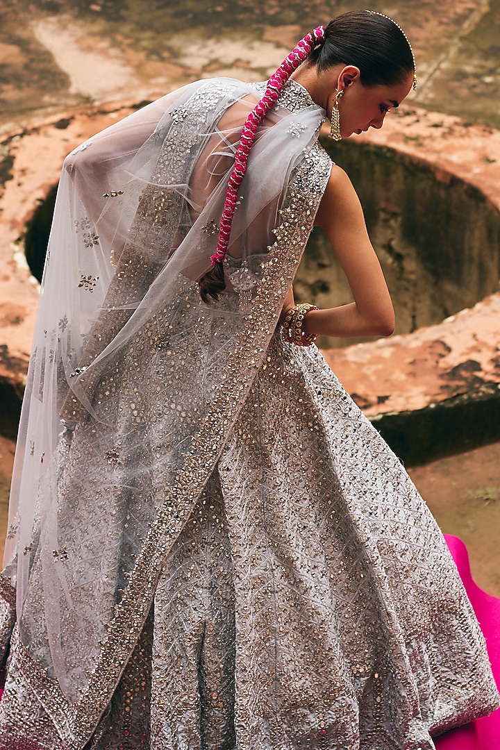 Ice Grey Raw Silk Mirror Embroidered Wedding Lehenga Set by Angad Singh at Pernia's Pop Up Shop
