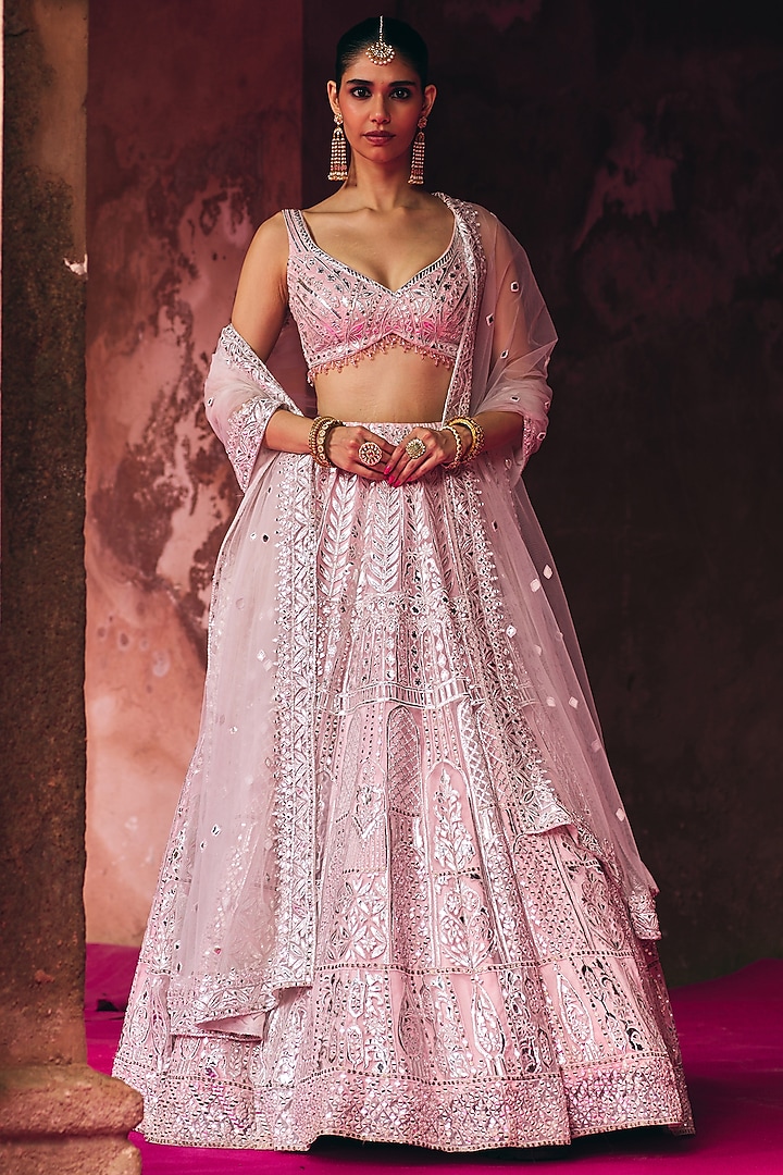 Blush Pink Organza Thread Embroidered Bridal Lehenga Set by Angad Singh at Pernia's Pop Up Shop