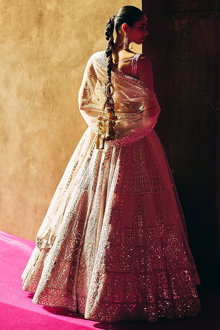 Blush Pink Organza Thread Embroidered Bridal Lehenga Set by Angad Singh at Pernia's Pop Up Shop