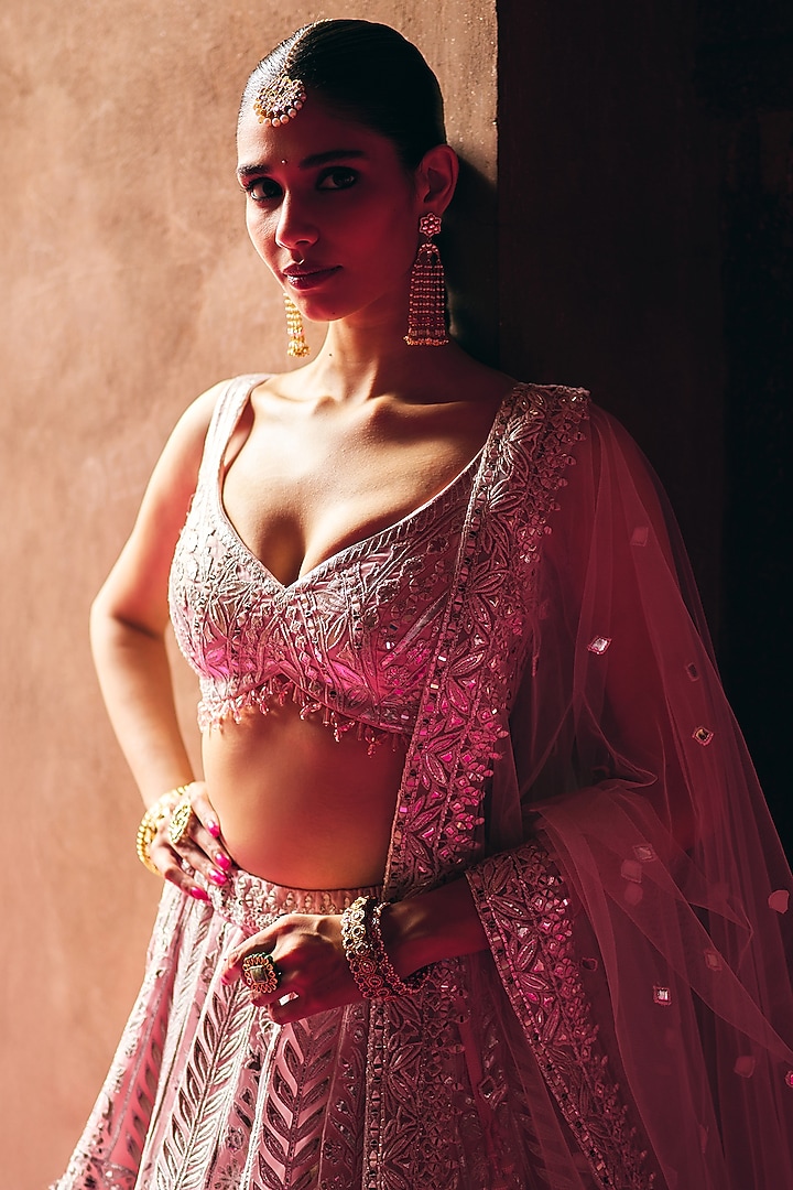Blush Pink Organza Thread Embroidered Bridal Lehenga Set by Angad Singh at Pernia's Pop Up Shop