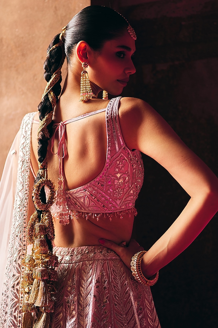 Blush Pink Organza Thread Embroidered Bridal Lehenga Set by Angad Singh at Pernia's Pop Up Shop