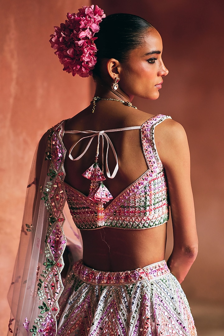 Ivory Raw Silk Mirror Embroidered Wedding Lehenga Set by Angad Singh at Pernia's Pop Up Shop