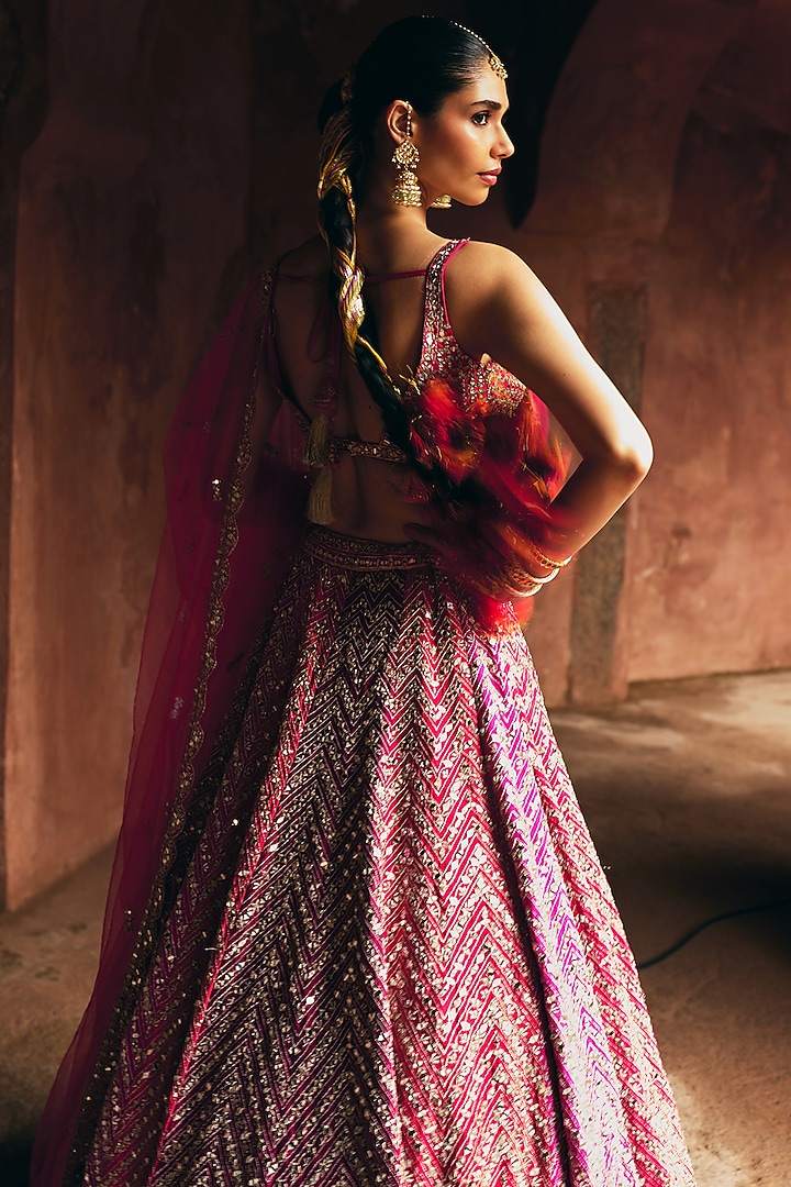 Multi-Colored Raw Silk Mirror Embroidered Wedding Lehenga Set by Angad Singh at Pernia's Pop Up Shop
