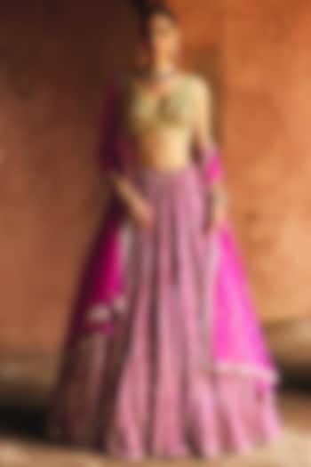 Fuchsia Pink Raw Silk Mirror Embroidered Wedding Lehenga Set by Angad Singh at Pernia's Pop Up Shop
