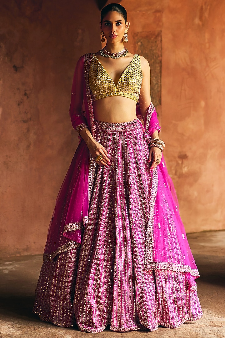 Fuchsia Pink Raw Silk Mirror Embroidered Wedding Lehenga Set by Angad Singh at Pernia's Pop Up Shop