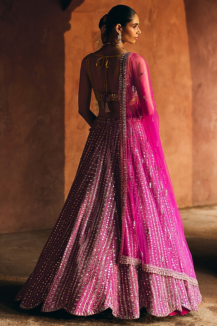 Fuchsia Pink Raw Silk Mirror Embroidered Wedding Lehenga Set by Angad Singh at Pernia's Pop Up Shop
