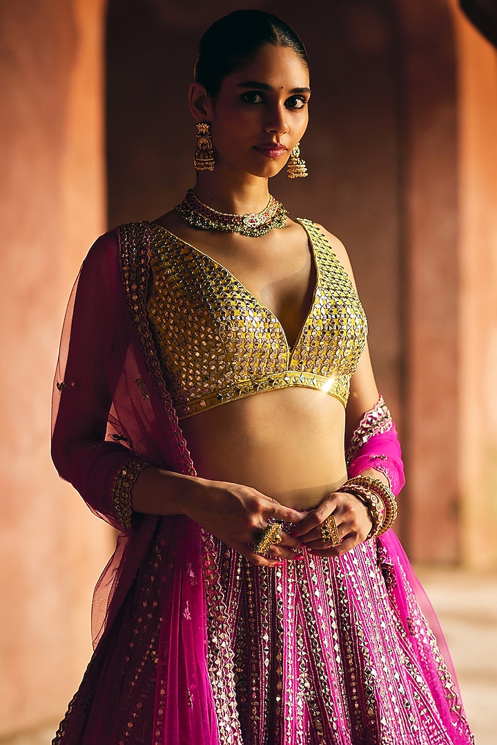 Fuchsia Pink Raw Silk Mirror Embroidered Wedding Lehenga Set by Angad Singh at Pernia's Pop Up Shop