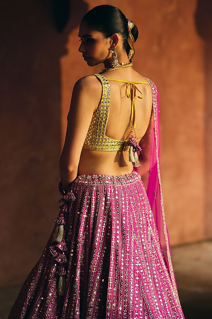 Fuchsia Pink Raw Silk Mirror Embroidered Wedding Lehenga Set by Angad Singh at Pernia's Pop Up Shop