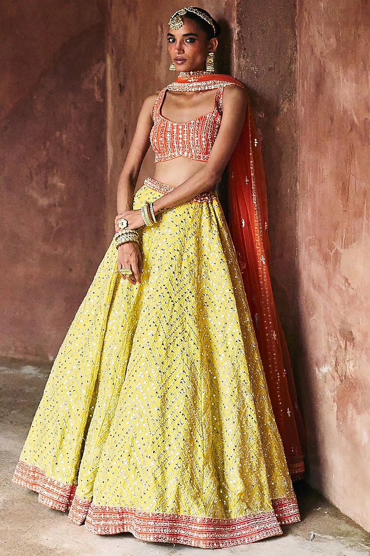 Yellow Raw Silk Mirror Embroidered Wedding Lehenga Set by Angad Singh at Pernia's Pop Up Shop