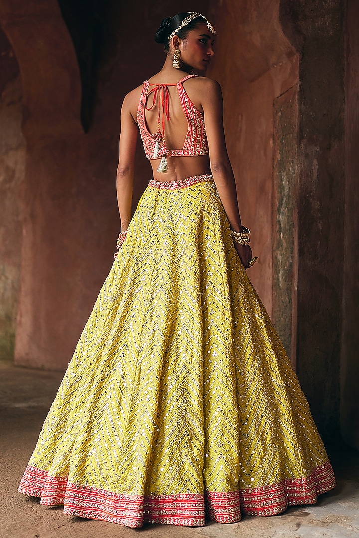 Yellow Raw Silk Mirror Embroidered Wedding Lehenga Set by Angad Singh at Pernia's Pop Up Shop