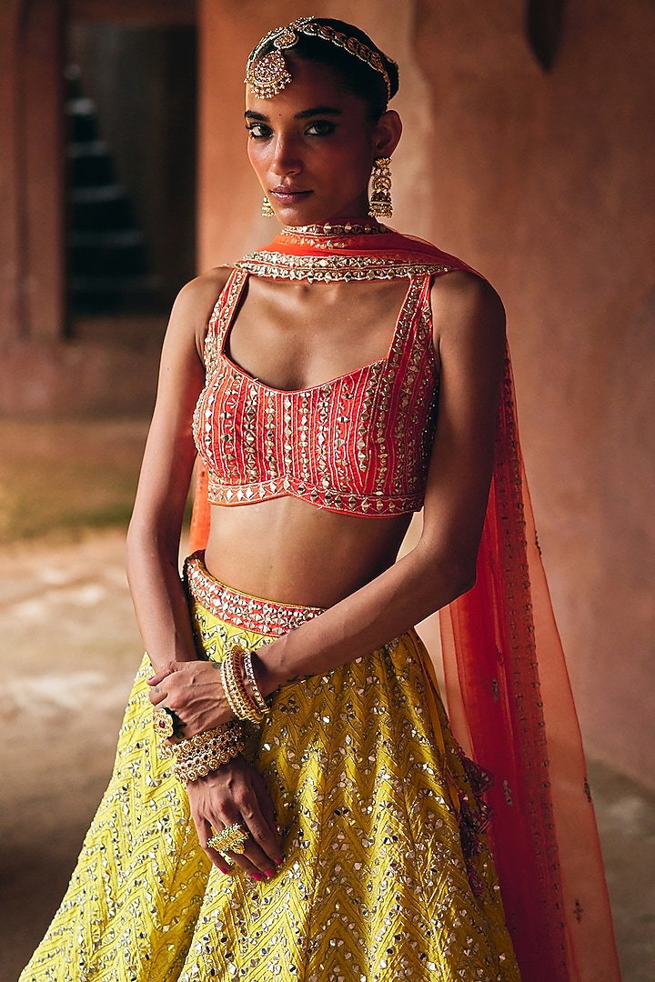 Yellow Raw Silk Mirror Embroidered Wedding Lehenga Set by Angad Singh at Pernia's Pop Up Shop