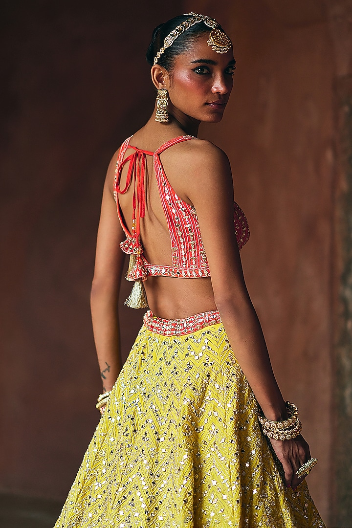 Yellow Raw Silk Mirror Embroidered Wedding Lehenga Set by Angad Singh at Pernia's Pop Up Shop