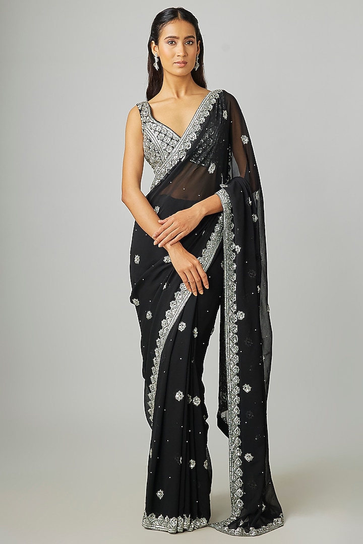 Black Georgette Wedding Saree Set by Angad Singh at Pernia's Pop Up Shop