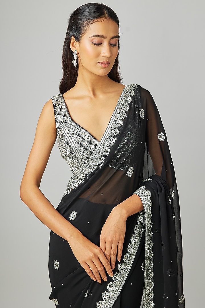 Black Georgette Wedding Saree Set by Angad Singh at Pernia's Pop Up Shop