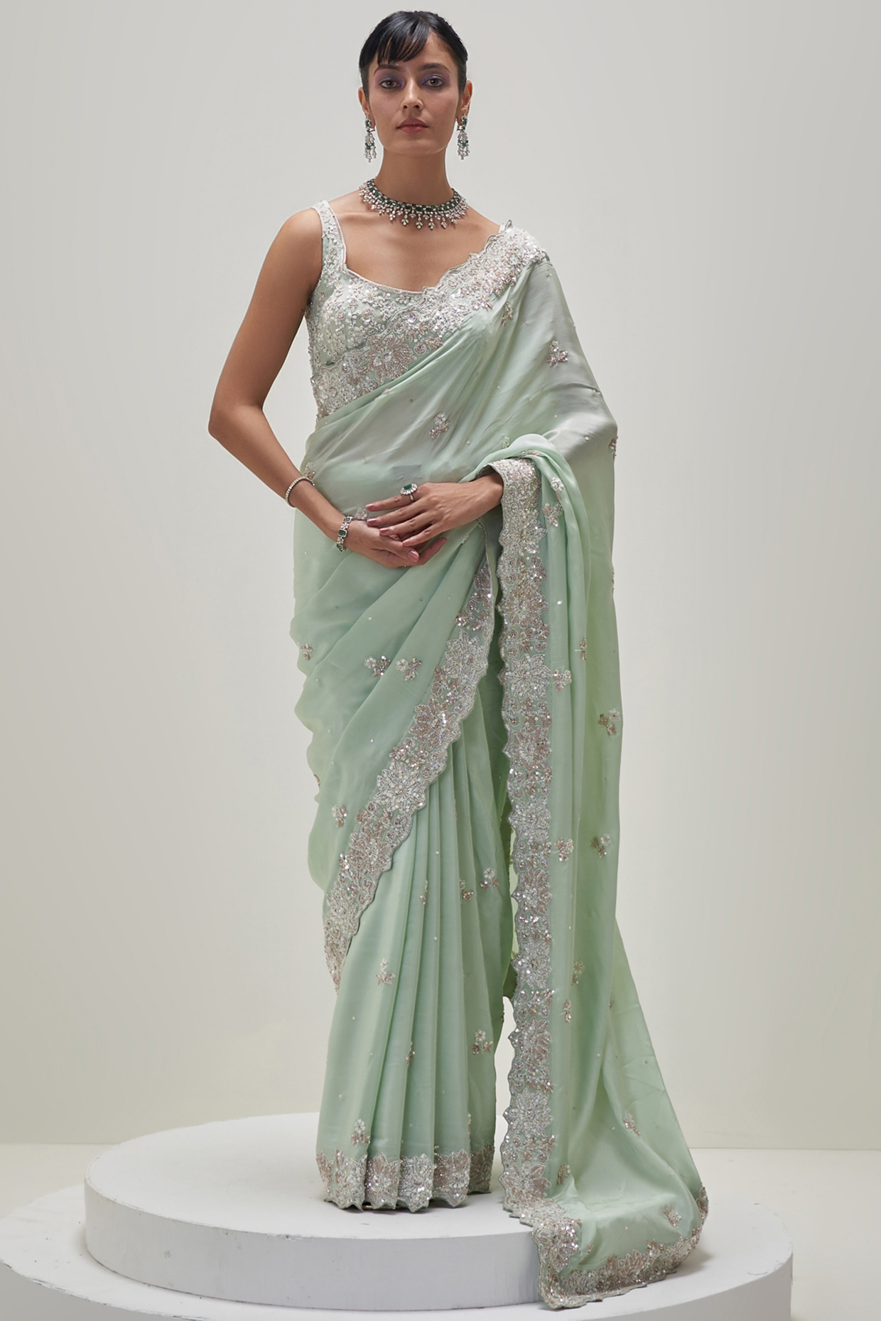 Mint Green Crepe Sequins Embroidered Wedding Saree Set by Angad Singh at Pernia's Pop Up Shop