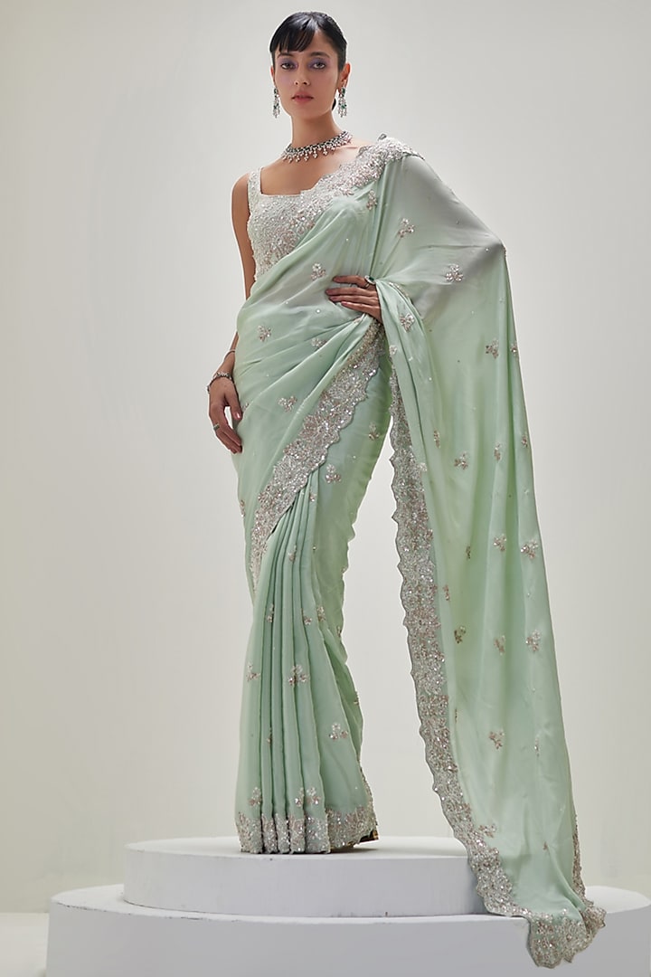Mint Green Crepe Sequins Embroidered Wedding Saree Set by Angad Singh at Pernia's Pop Up Shop