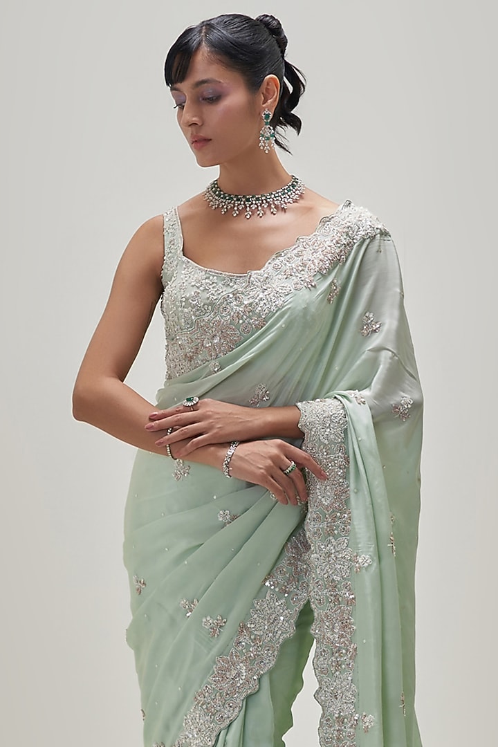 Mint Green Crepe Sequins Embroidered Wedding Saree Set by Angad Singh at Pernia's Pop Up Shop