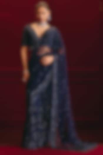 Midnight Blue Net Embroidered Reception Saree Set by Angad Singh at Pernia's Pop Up Shop