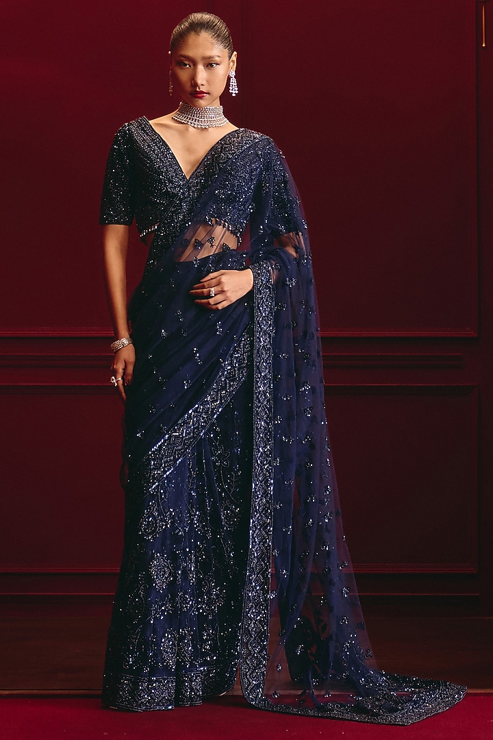 Midnight Blue Net Embroidered Reception Saree Set by Angad Singh at Pernia's Pop Up Shop