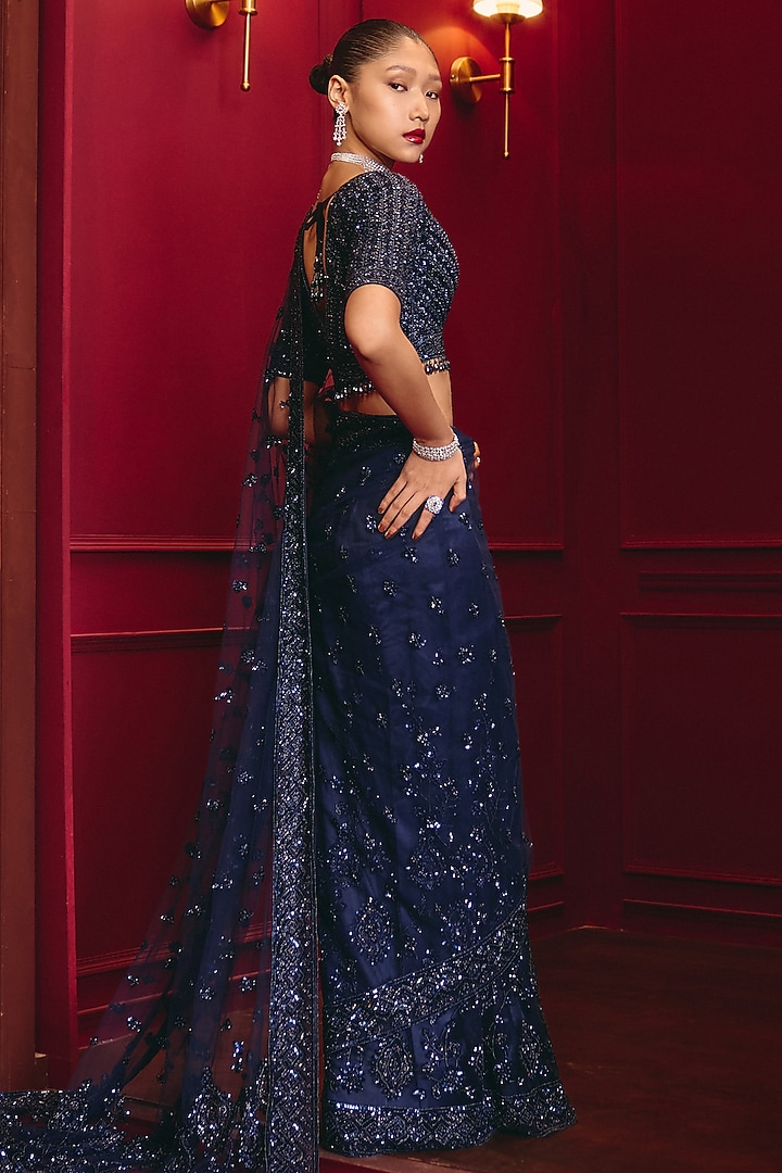 Midnight Blue Net Embroidered Reception Saree Set by Angad Singh at Pernia's Pop Up Shop