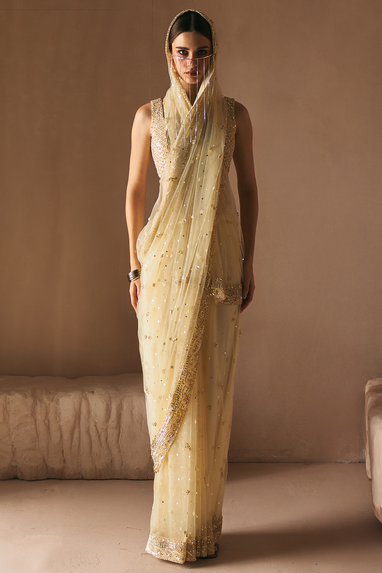 Gold Net Floral Embroidered Wedding Saree Set by Angad Singh at Pernia's Pop Up Shop