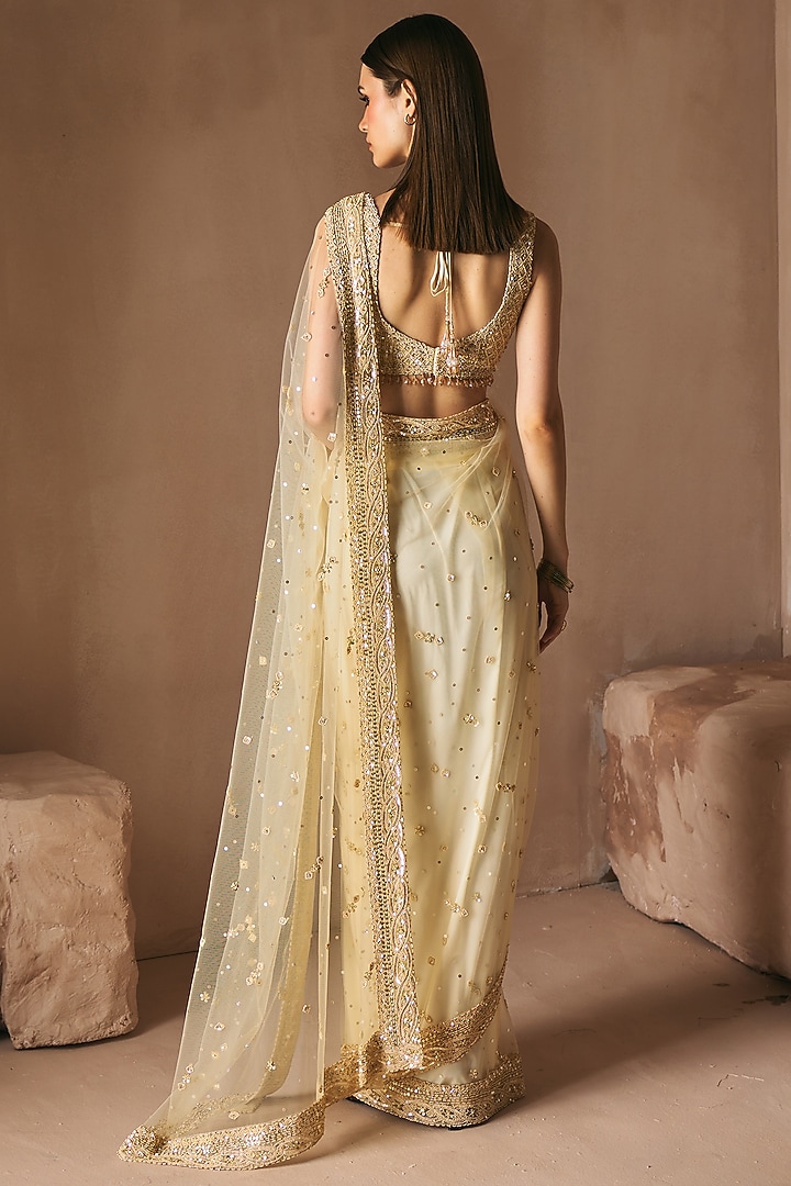 Gold Net Floral Embroidered Wedding Saree Set by Angad Singh at Pernia's Pop Up Shop