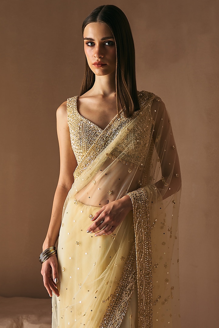 Gold Net Floral Embroidered Wedding Saree Set by Angad Singh at Pernia's Pop Up Shop