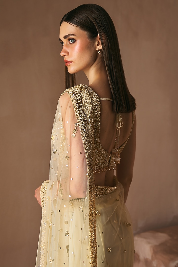 Gold Net Floral Embroidered Wedding Saree Set by Angad Singh at Pernia's Pop Up Shop