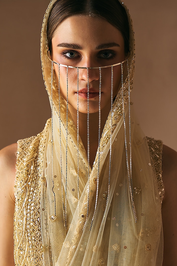 Gold Net Floral Embroidered Wedding Saree Set by Angad Singh at Pernia's Pop Up Shop