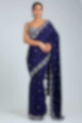 Royal Blue Crepe Embroidered Wedding Saree Set by Angad Singh at Pernia's Pop Up Shop