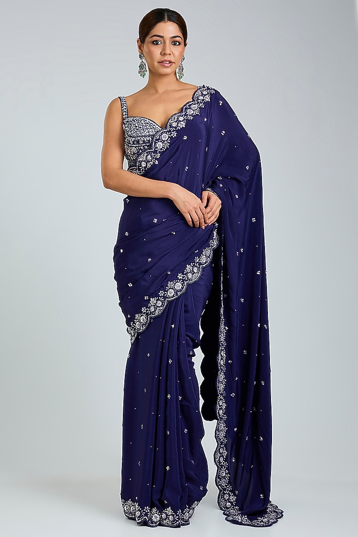 Royal Blue Crepe Embroidered Wedding Saree Set by Angad Singh at Pernia's Pop Up Shop