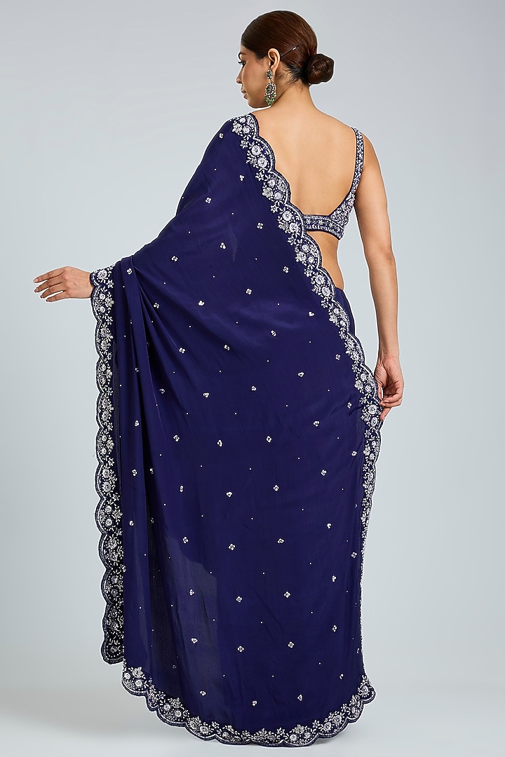 Royal Blue Crepe Embroidered Wedding Saree Set by Angad Singh at Pernia's Pop Up Shop