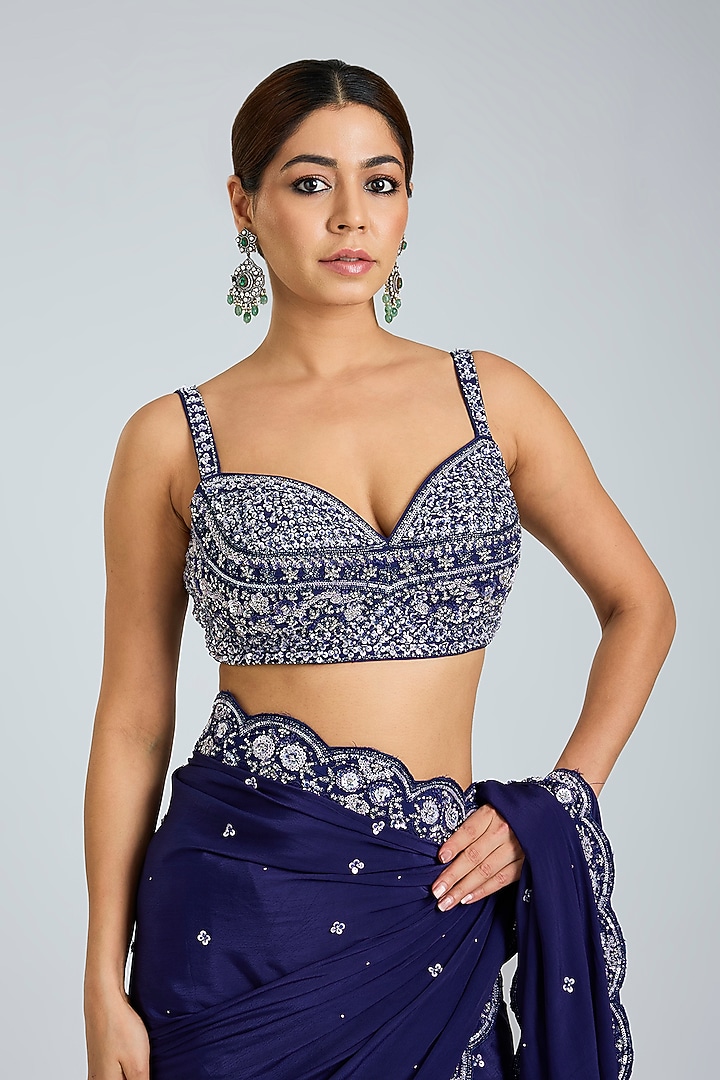 Royal Blue Crepe Embroidered Wedding Saree Set by Angad Singh at Pernia's Pop Up Shop