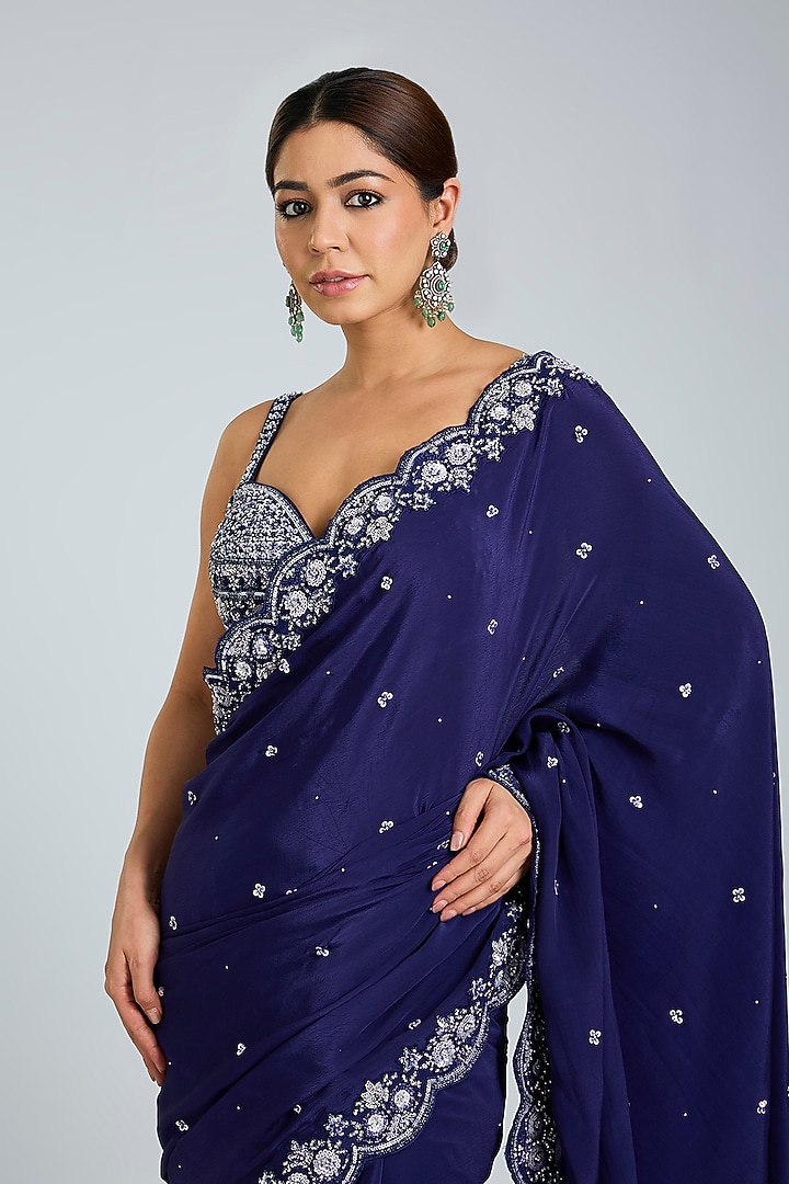 Royal Blue Crepe Embroidered Wedding Saree Set by Angad Singh at Pernia's Pop Up Shop