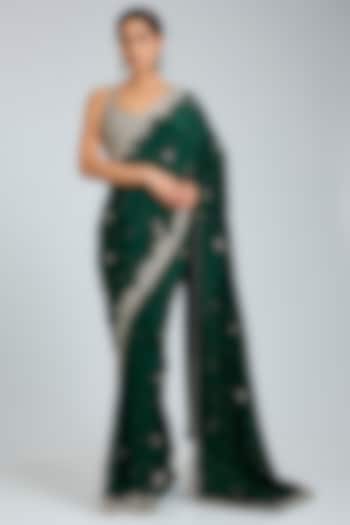 Bottle Green Crepe Embroidered Wedding Saree Set by Angad Singh at Pernia's Pop Up Shop