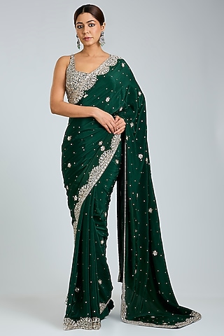 Bottle Green Crepe Embroidered Saree Set by Angad Singh