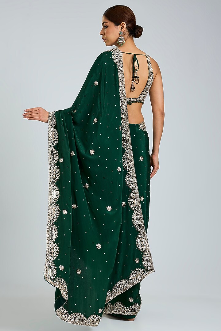 Bottle Green Crepe Embroidered Wedding Saree Set by Angad Singh at Pernia's Pop Up Shop