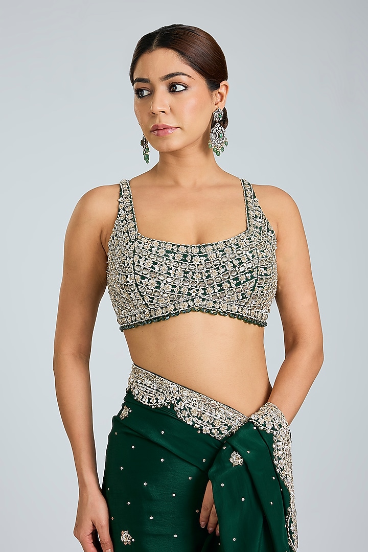 Bottle Green Crepe Embroidered Wedding Saree Set by Angad Singh at Pernia's Pop Up Shop