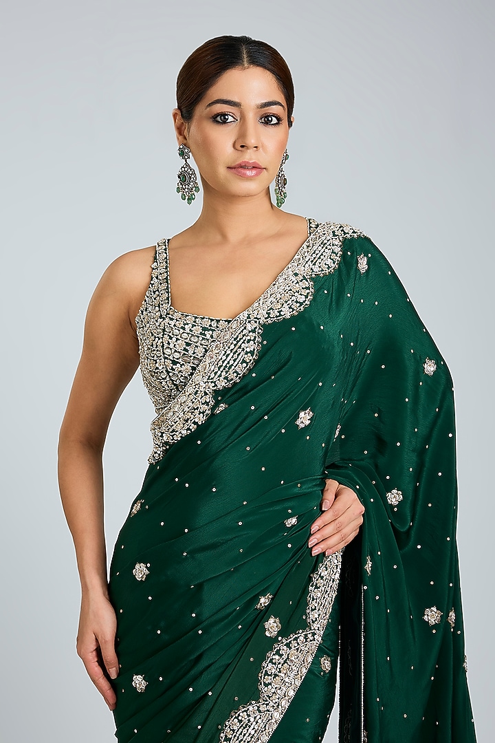 Bottle Green Crepe Embroidered Wedding Saree Set by Angad Singh at Pernia's Pop Up Shop