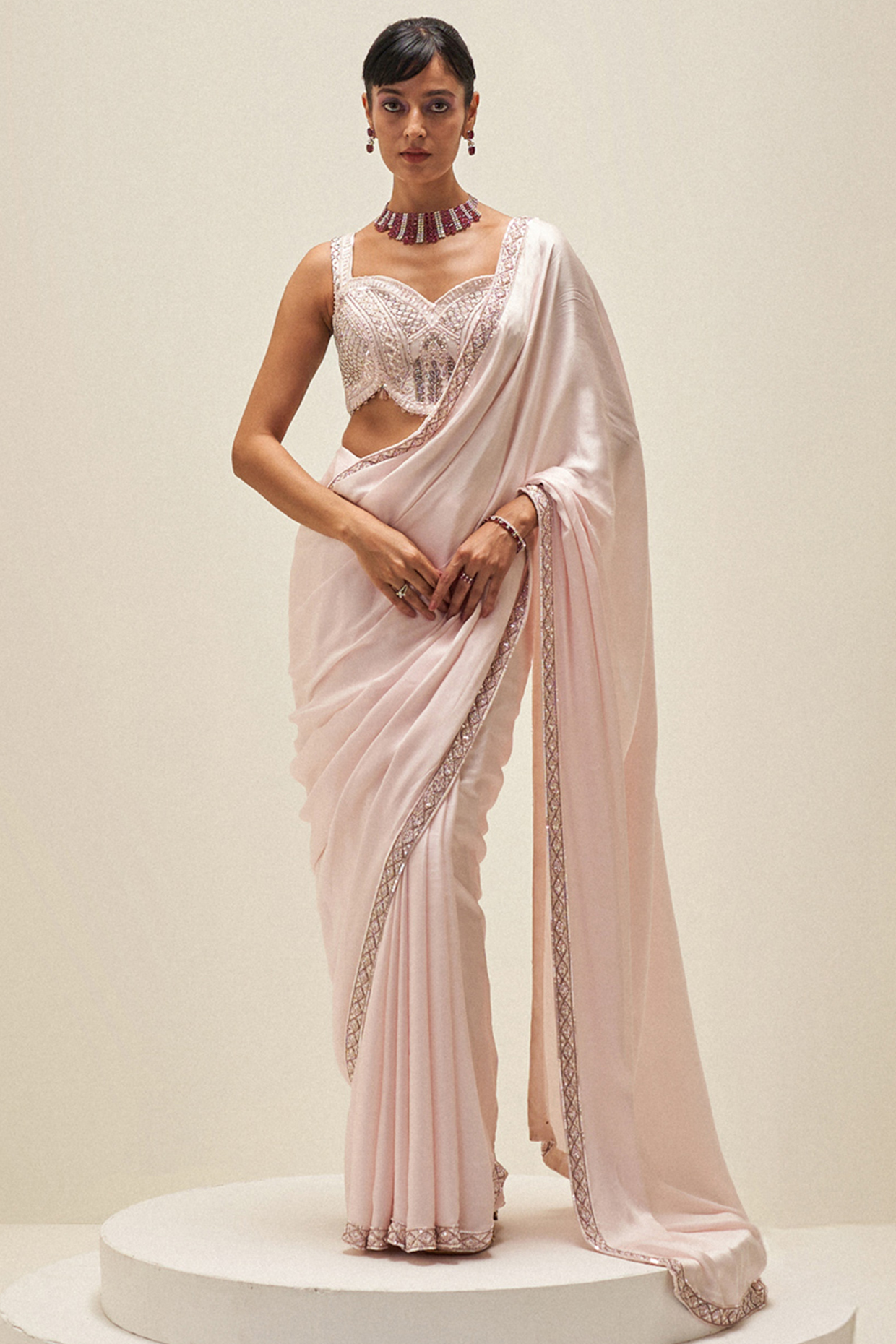 Blush Pink Satin Mirage Wedding Saree Set by Angad Singh at Pernia's Pop Up Shop