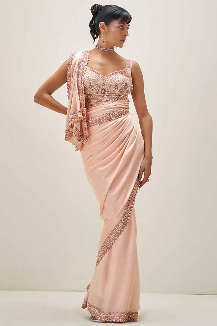 Blush Pink Satin Mirage Wedding Saree Set by Angad Singh at Pernia's Pop Up Shop