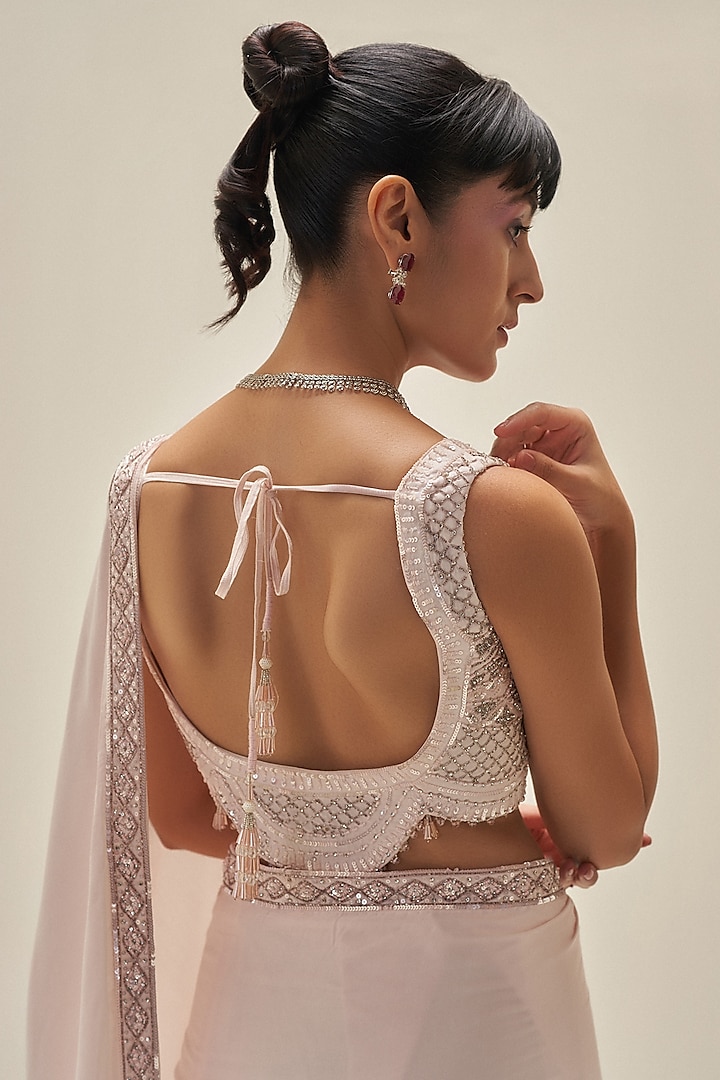 Blush Pink Satin Mirage Wedding Saree Set by Angad Singh at Pernia's Pop Up Shop