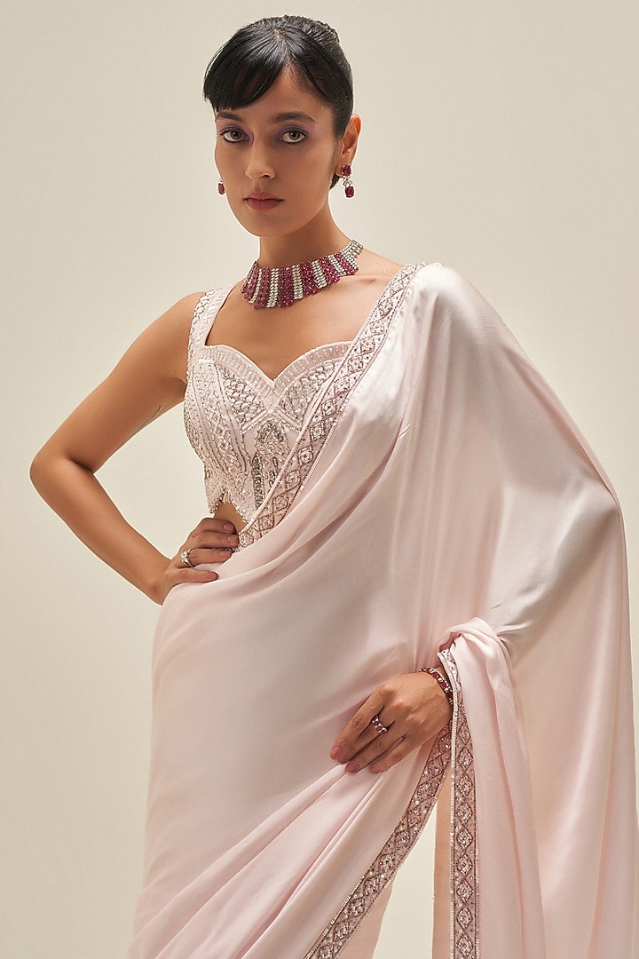 Blush Pink Satin Mirage Wedding Saree Set by Angad Singh at Pernia's Pop Up Shop
