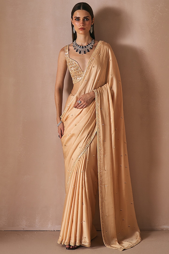 Champagne Gold Satin Golden Hour Wedding Saree Set by Angad Singh at Pernia's Pop Up Shop