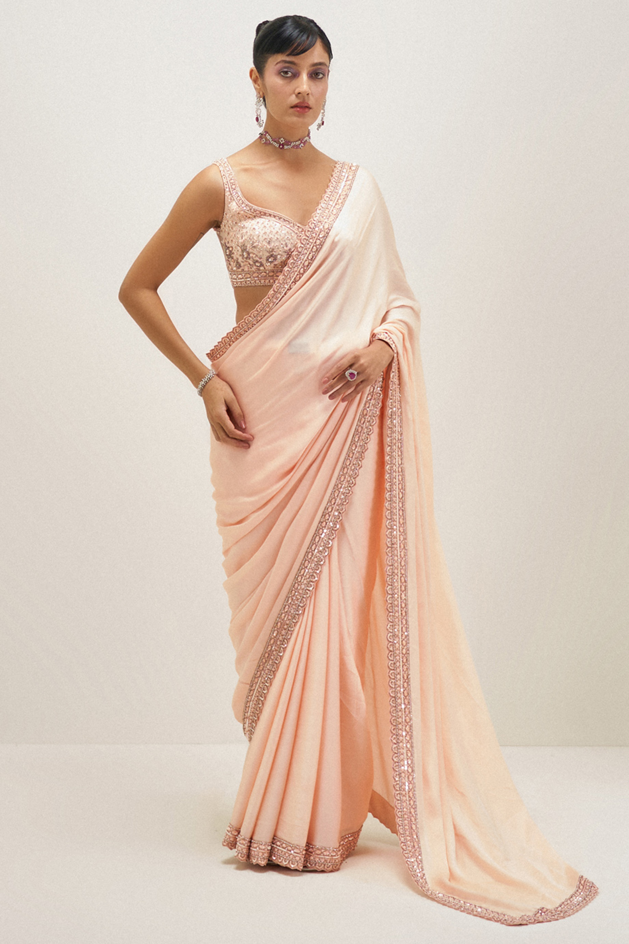Peach Satin Scalloped Wedding Saree Set by Angad Singh at Pernia's Pop Up Shop