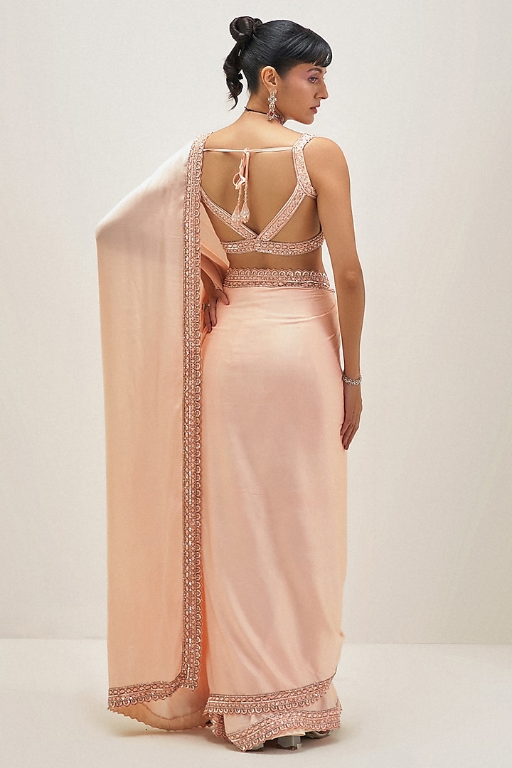 Peach Satin Scalloped Wedding Saree Set by Angad Singh at Pernia's Pop Up Shop