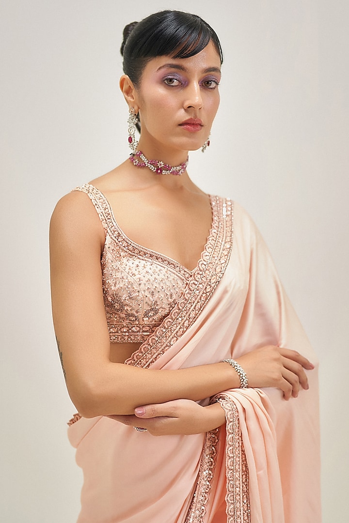 Peach Satin Scalloped Wedding Saree Set by Angad Singh at Pernia's Pop Up Shop