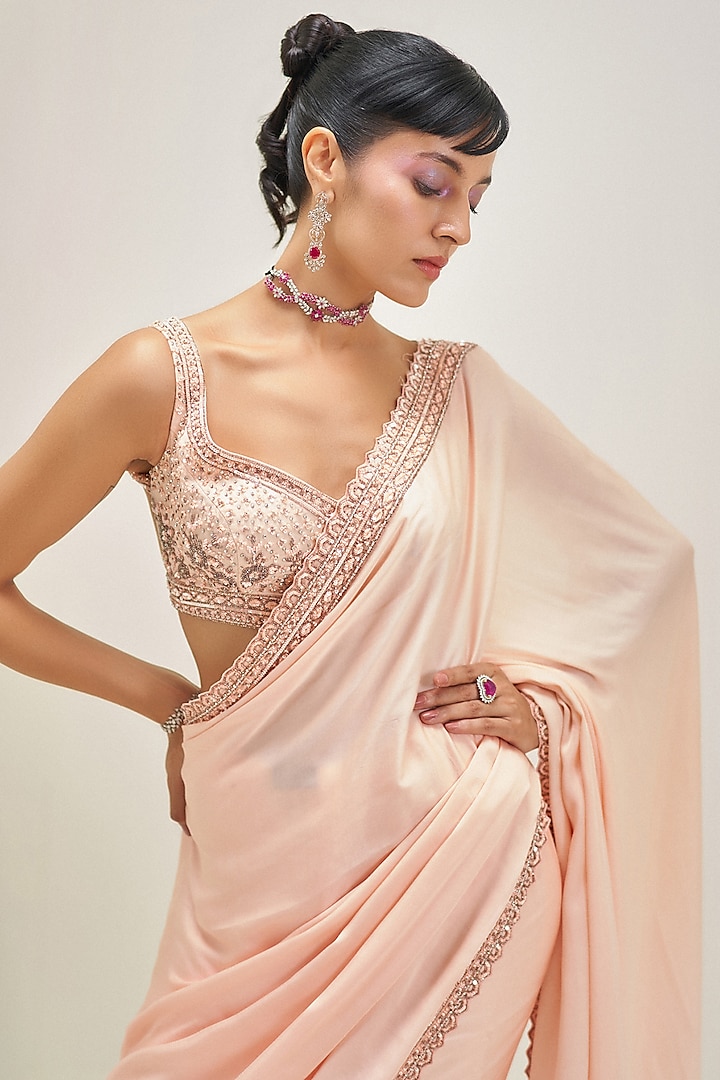 Peach Satin Scalloped Wedding Saree Set by Angad Singh at Pernia's Pop Up Shop