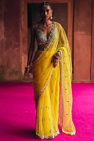 Yellow Net Saree Set by Angad Singh