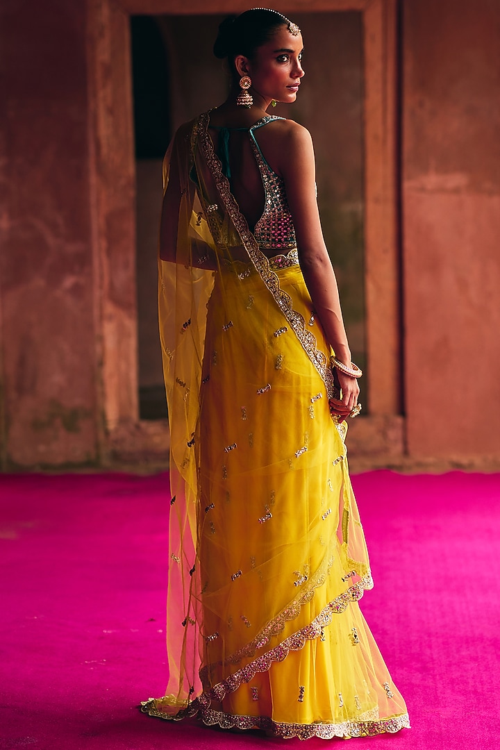 Yellow Net Wedding Saree Set by Angad Singh at Pernia's Pop Up Shop